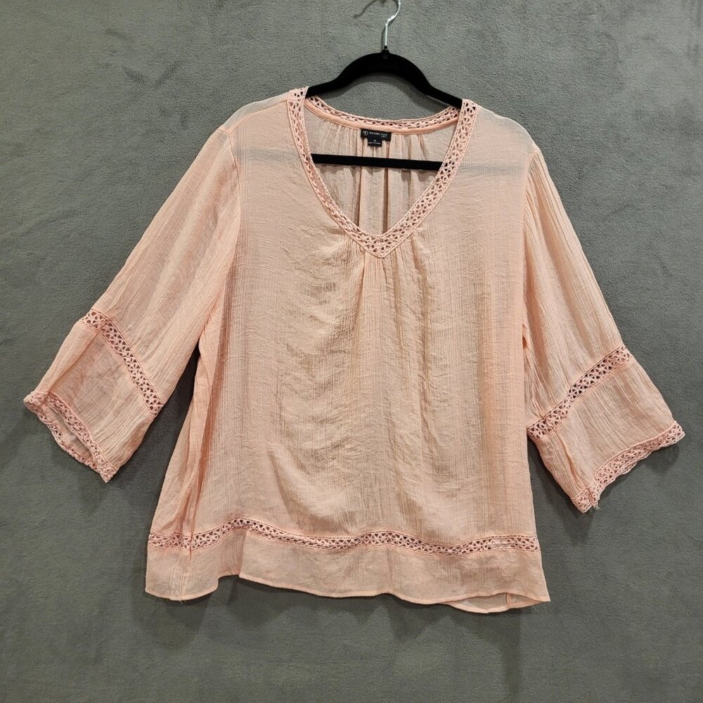 New Directions Peasant Gauze Top Women's‎ 1X Crochet Trim Boho Cottage Ethereal